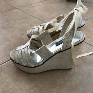 Tan, tie around the ankle wedges.